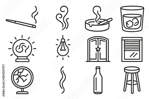 Smoky Atmosphere Icons. Line style icons of smoky atmosphere: cigarette holder, swirling smoke, ashtray, glass tumbler; neon sign,