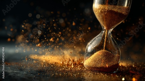 A detailed hourglass with golden sand flowing through a clear glass bulb, captured under dramatic cinematic lighting with warm highlights and deep shadows.