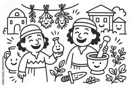 Cheerful Ancient Healers. Joyful doodle ancient medicine scene with cartoon healers smiling, traditional tools with faces, herbs