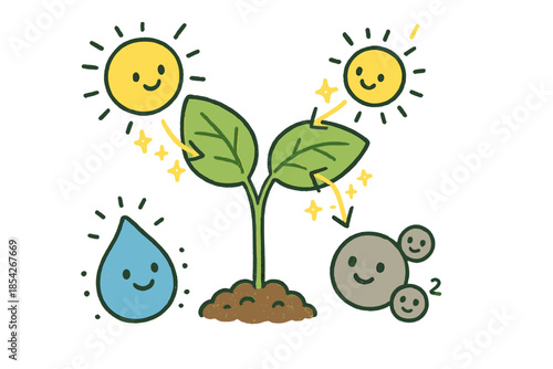 Joyful Plant Energy Flow. Playful doodle photosynthesis efficiency scene with happy plants, cartoon photons entering leaves,