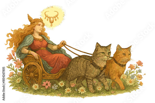Freya's Cat Chariot. Freya riding a chariot pulled by cats, flowers blooming around, and glowing jewelry floating above No text,