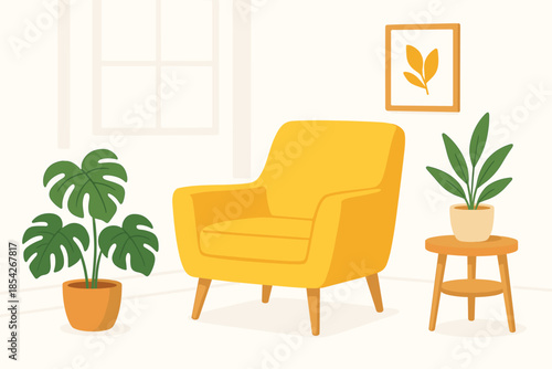 Yellow Chair Oasis. Minimalist white room with a bright yellow armchair and indoor plants, clean and cheerful vector illustration
