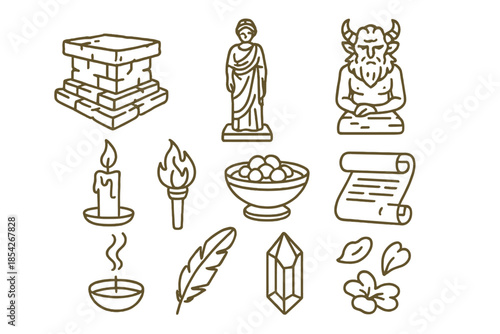 Ancient Legendary Icons. Line style icons of Ancient Legends: Weathered Altar, Statue, Forgotten Myth, Offerings; Candle, Torch,