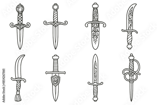 Ornate Weapon Icons. Line style icons of ornate weapons: jeweled hilt, twisted guard, decorated scabbard, engraved blade; curved