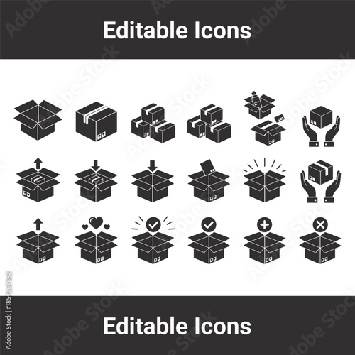 Box icon set for shipping and logistics featuring cardboard packaging, delivery status, unboxing, and handling symbols.