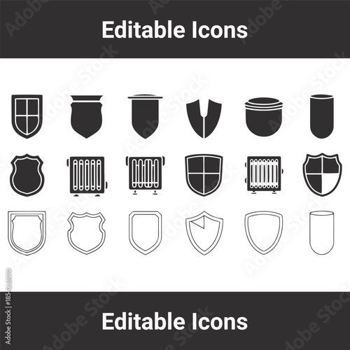 Shield icon set featuring various crest, armor, and protection symbols for security branding and insurance concepts.