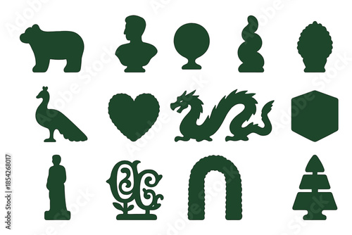 Artistic Topiary Icons. Solid style icons of artistic shaping: animal hedge, human bust topiary, abstract sphere, twisting spiral,