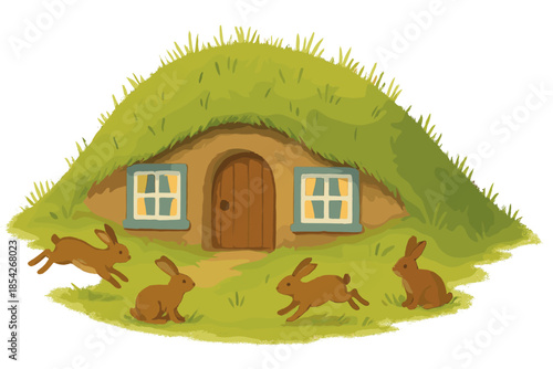 Grassy Roof Hideaway. Earth-sheltered house with grassy roof, rabbits hopping, and cheerful windows peeking out of the hillside No