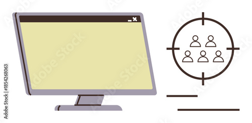 Computer monitor with empty interface beside target symbol enclosing user icons. Ideal for marketing, user personalization, audience segmentation, data analysis, technology, focus, simple flat