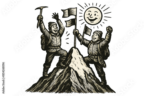 First Ascent Celebration. Historic first ascent moment with jubilant climbers on a peak, fluttering flags, and smiling sun above