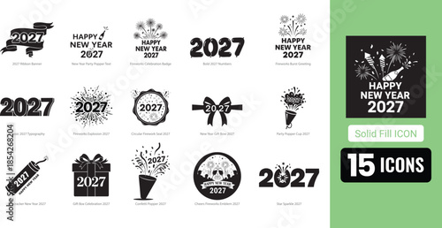 Happy New Year 2027 typography and icon set for celebrations