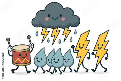 Thunderstorm Parade Spectacle. Thunderstorm parade with booming drums as thunder, flashing lights as lightning, and raindrops