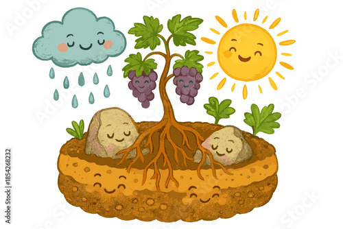 Joyful Vineyard Ecosystem. Terroir scene with cheerful soil layers, roots hugging rocks, and sun and rain smiling as they nurture