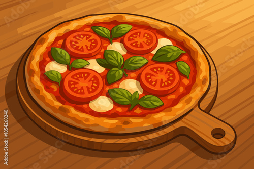 Gourmet Pizza Delight. Gourmet pizza topped with fresh tomatoes, basil, and mozzarella resting on a vector illustration wooden