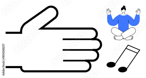 Relaxation, mindfulness, creativity, meditation, focus, self-care. Outline of a hand, meditating person in blue and a music note. Relaxation and mindfulness concept for self-care and creativity
