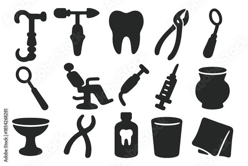 Vintage Dentistry Icons. Solid style icons of Vintage Dentistry: Tooth Key, Drill, Molar, Forceps, Mouth Mirror, Dental Chair,
