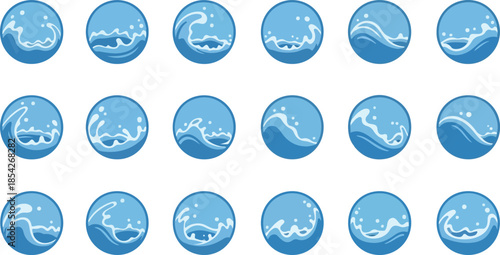 Collection of Circular Wave Illustrations Depicting Different Stages and Forms of Water Movement in a Blue Setting