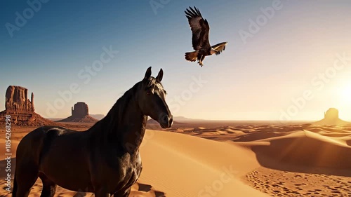 Majestic Desert Encounter - Horse and Eagle in Monument Valley.