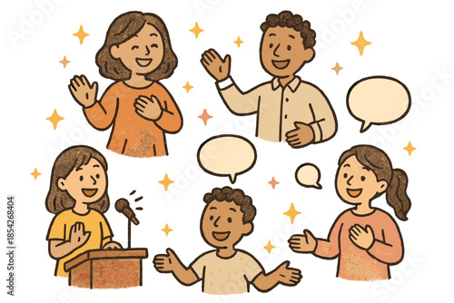 Magical Speaking Workshop. Magical doodle public speaking workshop with smiling instructors, cartoon participants practicing,