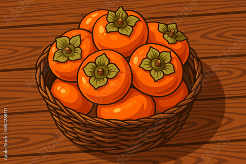 Rustic Persimmons Display. Bright orange persimmons in a rustic basket resting on a vector illustration wooden table, sharp