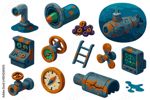 Abandoned Submarine Details. Isometric vector illustration set Abandoned Submarine: cracked periscope, rusted metal hull, loaded