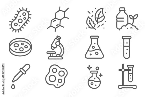 Biodegradation Icons. Line style icons of Waste Biodegradation: Bacterium, Polymer Chain, Decomposition, Pollution Solution; Petri