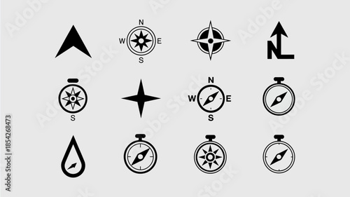 Navigation Symbols and Compass Icons in Minimalist Black Design on White Background for Graphic Design