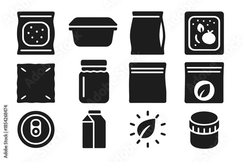 Modern Packaging Icons. Solid style icons of modern packaging preservation: vacuum bag, plastic container, foil pouch, modified