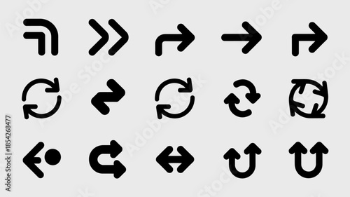Black Arrows and Icons in Various Directions and Styles on White Background for UI Design