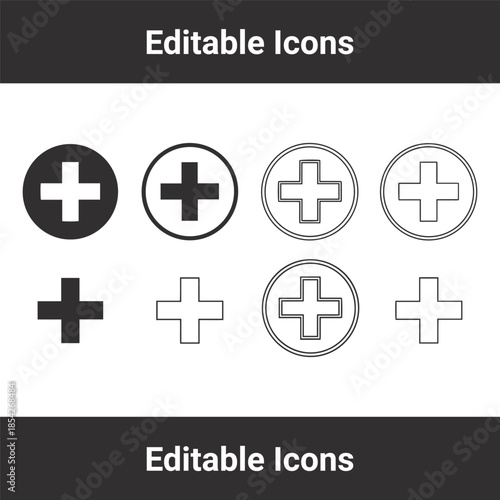 Plus symbol icon set representing medical cross health care and addition sign in various styles.