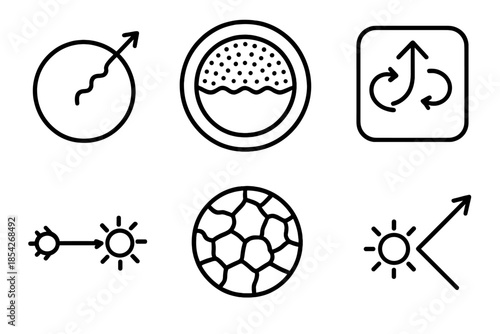 Fusion Energy Icons. Line style icons of Fusion Energy Transport: photon bounce, radiative zone diagram, convective current arrow,