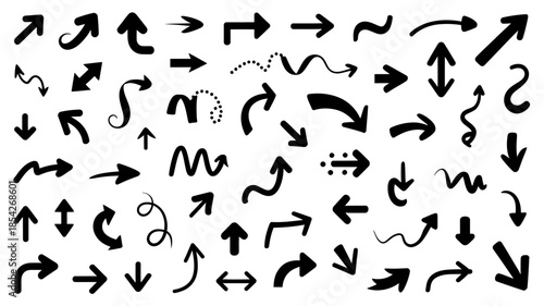 Black Arrows Collection in Various Shapes and Directions on White Background for Graphic Design