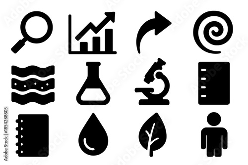 Environmental Reconstruction Icons. Solid style icons of environmental reconstruction methods: magnifying glass, graph, arrow,