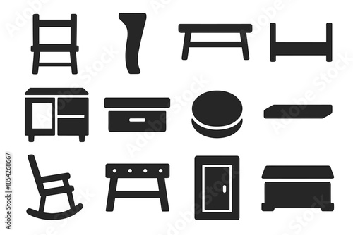 Furniture Toolkit Icons. Solid style icons of furniture making: wooden chair frame, table leg, bench seat, bed frame, cabinet