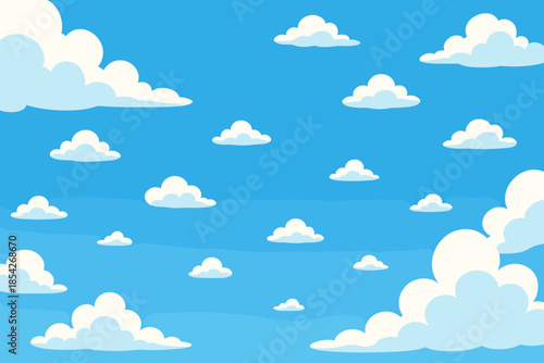 Serene Sky Canvas. Expansive sky filled vector illustration with fluffy white clouds against a bright blue background, serene and