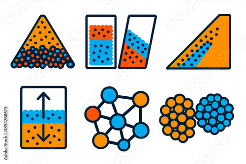 Granular Physics Illustration. Isometric vector illustration set Physics of granular materials: granular heaps, mixed particle