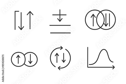 Spin Chemistry Icons. Line style icons of Spin Chemistry Concepts: paired electron spins, spin state diagram, singlet-triplet icon