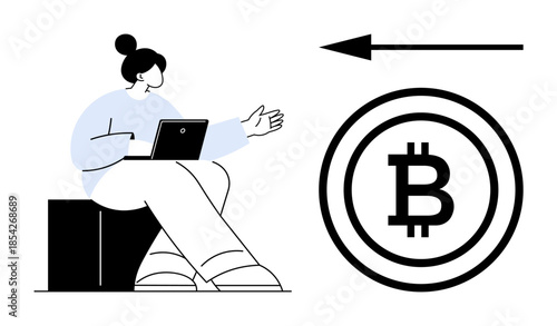 Bitcoin technology. Illustration shows Bitcoin symbol with a person using a laptop. Bitcoin s digital currency and blockchain innovation. Perfect for finance, fintech, crypto education, blockchain