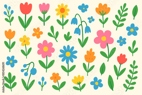 Cheerful Floral Pattern. Playful hand-drawn pattern vector illustration of colorful flowers and plants arranged on a clean pastel
