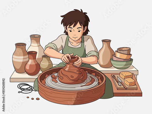 Potter Shaping Clay on Pottery Wheel.