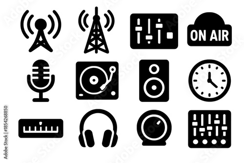 Broadcast Era Icons. Solid style icons of Broadcast Era: Radio Antenna, Transmission Tower, Control Board, On Air Light,