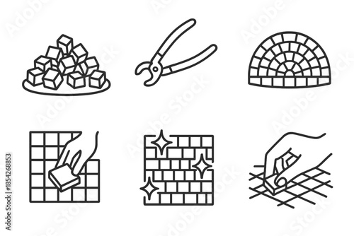 Mosaic Technique Icons. Line style icons of Mosaic Techniques: tesserae pile, curved mosaic tool, dome surface, tile inlay process
