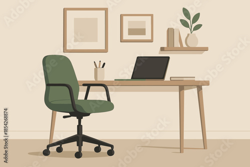 Wallpaper Mural Minimalist Home Workspace. Modern green office chair placed in a minimalist home workspace with clean neutral tones, ideal for Torontodigital.ca