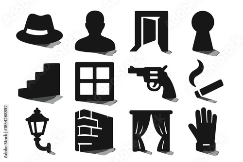 Noir Icons Collection. Solid style icons of Shadowed Corners: Fedora Hat, Silhouette, Doorway, Keyhole, Stairs, Blind Window,