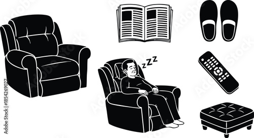 Flat design close up recliner armchair with sleeping person holding open book slippers tv remote and ottoman isolated on white minimalist silhouette