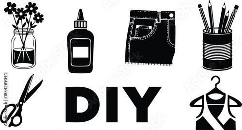 Flat icon set showing black diy craft symbols minimalist silhouette in simple grid view including jar with flowers scissors glue denim pocket pencil cup clothing hanger