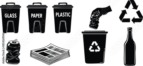 Stenciled grunge vector set showing close up recycling bins labeled glass paper plastic with bottle cup newspaper stack silhouette icons for waste sorting flat black design