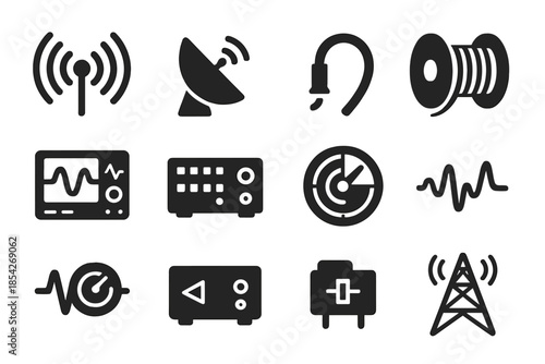 Signal Transmission Icons. Solid style icons of Signal Transmission: Radio Wave, Satellite Dish, Coaxial Cable, Fiber Spool,