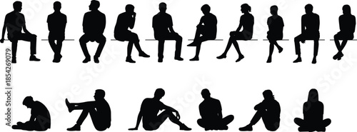 Collection of diverse professional business people standing and sitting in rows as black silhouettes isolated on white background for teamwork