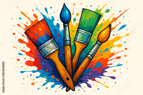 Vibrant Paintbrushes. Artistic cluster vector illustration of paintbrushes covered in vibrant splashes of color, dynamic and